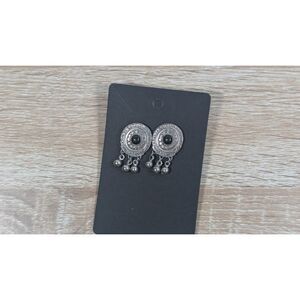 Silver Tone Stud Dangle Earrings Black Stone Tribal Boho Style